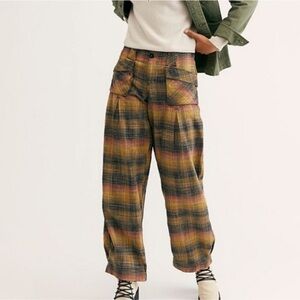 Free People Checkered Wide Leg Pants - Yellow and Brown